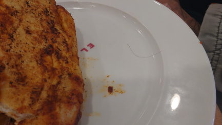 En esta foto pueden ver claramente cómo del lado derecho del plato hay un pelo, éste, estaba anteriormente encima de la lechuga que tenía el pambazo!